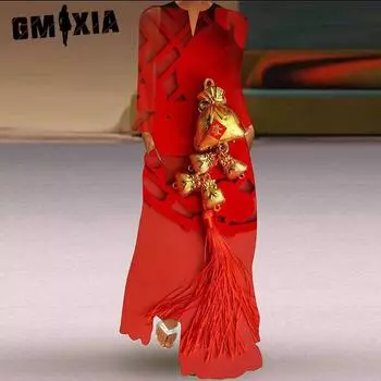 GMXIA Женская мода лето весна повседневные платья с длинным рукавом и v-образным вырезом