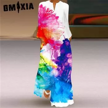 GMXIA Женская мода лето весна повседневные платья с длинным рукавом и v-образным вырезом S