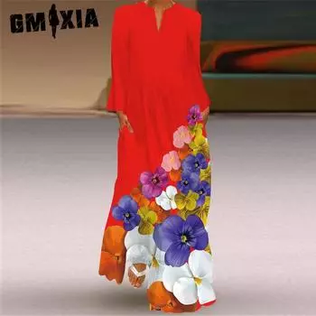 GMXIA Женская мода лето весна повседневные платья с длинным рукавом и v-образным вырезом
