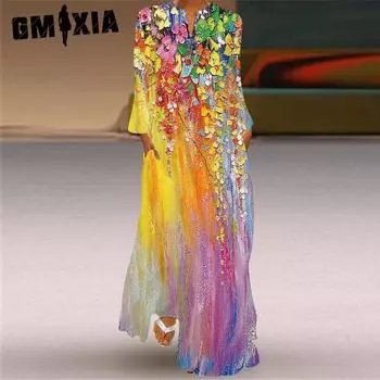 GMXIA Женская мода лето весна повседневные платья с длинным рукавом и v-образным вырезом