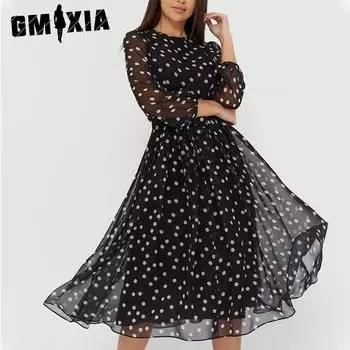 GMXIA Женская мода лето весна повседневные платья в горошек с длинным рукавом и круглым вырезом с высокой талией S серый