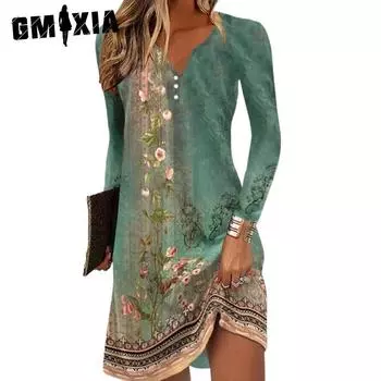 GMXIA Женская мода лето весна повседневные платья с длинным рукавом и v-образным вырезом S зелёный