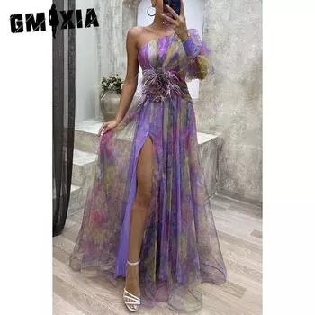 GMXIA Женская мода лето весна принт длинный рукав одно плечо высокая талия повседневные платья S фиолетовый