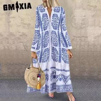 GMXIA Женская мода лето весна с длинным рукавом стоячие повседневные платья S синий