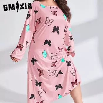 GMXIA женская мода лето-весна с леопардовым принтом и сердцем-бабочкой с длинным рукавом и круглым вырезом свободная повседневная ночная рубашка платья XL розовый