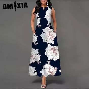 GMXIA Женская мода лето весна Высокая талия с принтом без рукавов с круглым вырезом повседневные платья