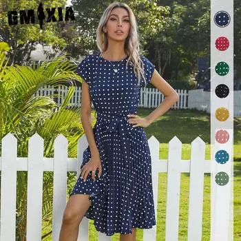 GMXIA Женская мода лето-весна в горошек с принтом с коротким рукавом и круглым вырезом с высокой талией повседневные платья S королевский синий