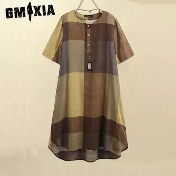 GMXIA женская мода лето весна возвращение к древним клетчатый принт с короткими рукавами и круглым вырезом свободные повседневные платья