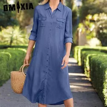 GMXIA Женская мода на лето и весну, однотонные повседневные платья с длинным рукавом и воротником-поло с высокой талией и принтом S синий