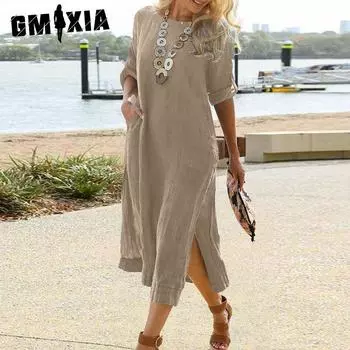 GMXIA женская мода на лето и весну однотонная свободная повседневная длинная винтажная рубашка с короткими рукавами и круглым вырезом с платьями с разрезом вниз