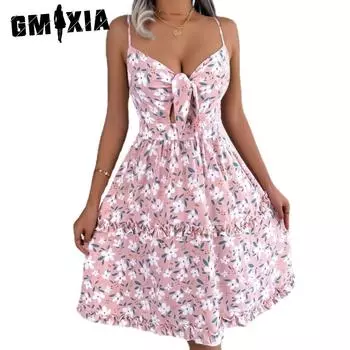 GMXIA Женская мода на лето и весну с v-образным вырезом и высокой талией на подтяжках повседневные платья S розовый