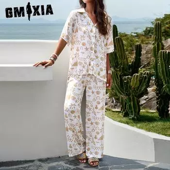 GMXIA Женская мода однотонный принт лето весна короткий рукав V-образный вырез брюки костюмы и комплекты для женщин S чёрный