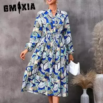 GMXIA Женская мода осень-зима цветочный принт длинный рукав полуводолазка повседневные платья S красный