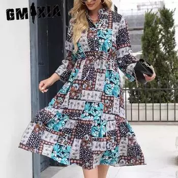 GMXIA Женская мода осень-зима цветочный принт длинный рукав V-образный вырез тонкий повседневные платья S