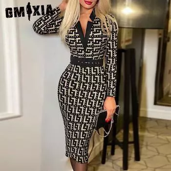 GMXIA женская мода осень-зима клетчатый принт с v-образным вырезом и запахом бедра сексапильные свободные повседневные платья S