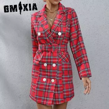 GMXIA Женская мода осень-зима клетчатый принт длинный рукав поло воротник высокая талия повседневные платья S красный