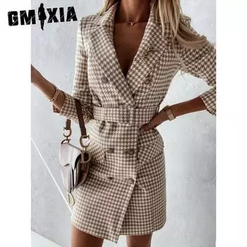 GMXIA Женская мода осень-зима клетчатый принт длинный рукав поло воротник высокая талия повседневные платья S красный