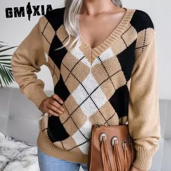 GMXIA Женская мода осень-зима клетчатый принт с длинным рукавом и v-образным вырезом свободный повседневный свитер с бриллиантами в консервативном стиле S хаки