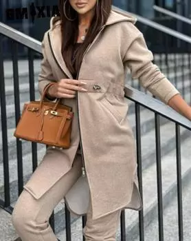 GMXIA Женская мода осень-зима однотонные принты с длинным рукавом и капюшоном брюки костюмы толстовки и свитшоты S