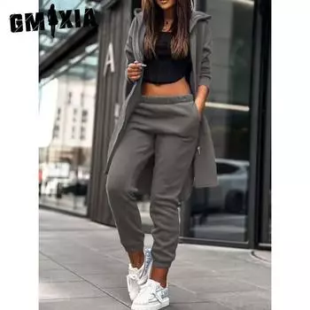 GMXIA Женская мода осень-зима однотонные принты с длинным рукавом и капюшоном брюки костюмы толстовки и свитшоты S