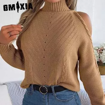 GMXIA женская мода осень зима однотонный длинный рукав с высоким воротом свободный повседневный вязаный пуловер с вырезами на плечах свитер S белый