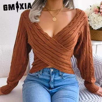 GMXIA Женская мода осень-зима однотонный принт с длинным рукавом с v-образным вырезом тонкий сексуальный укороченный свитер с перекрестным твистом S коричневый