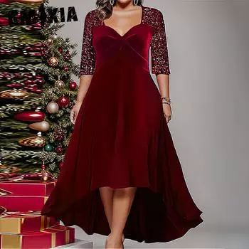 GMXIA Женская мода осень-зима однотонный принт рукава 1/2 V-образный вырез высокая талия повседневные платья L красный