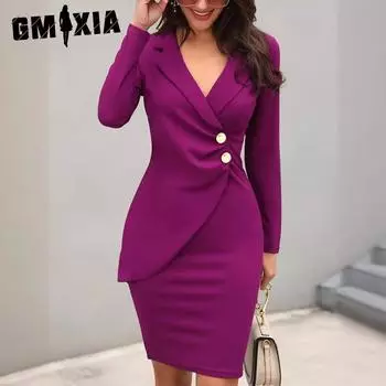 GMXIA Женская мода осень-зима однотонный принт длинный рукав поло воротник высокая талия повседневные платья S бордовый