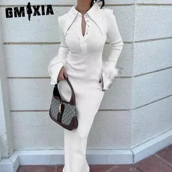 GMXIA Женская мода осень-зима однотонный принт длинный рукав поло воротник высокая талия повседневные платья S