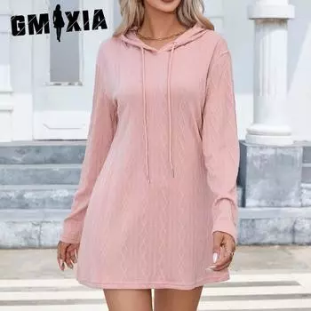 GMXIA Женская мода осень-зима однотонный принт длинный рукав с капюшоном высокая талия повседневные платья S розовый