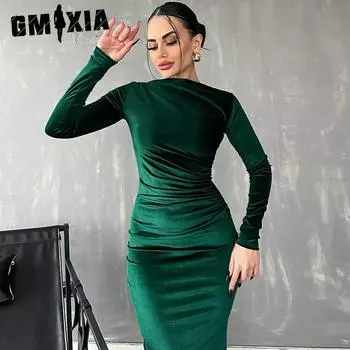 GMXIA Женская мода осень-зима однотонный принт длинный рукав О-образный вырез повседневные платья S чёрный