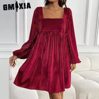GMXIA Женская мода осень-зима однотонный принт длинный рукав квадратный воротник высокая талия повседневные платья S бордовый