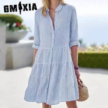 GMXIA Женская мода осень-зима полосатый принт длинный рукав поло-воротник повседневные платья S зелёный