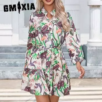 GMXIA Женская мода осень-зима с цветочным принтом и длинным рукавом с v-образным вырезом и высокой талией повседневные платья S синий