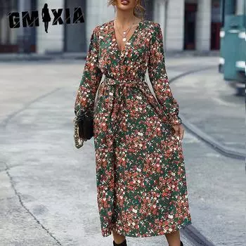 GMXIA Женская мода осень-зима с цветочным принтом и длинным рукавом с v-образным вырезом повседневные платья S зелёный