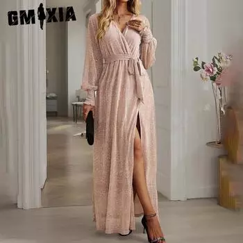 GMXIA Женская мода осень-зима с цветочным принтом и длинным рукавом с v-образным вырезом и высокой талией повседневные платья S чёрный