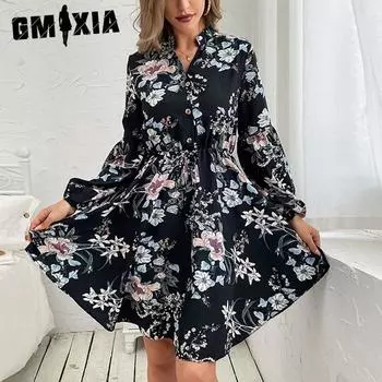 GMXIA Женская мода осень-зима с цветочным принтом и длинным рукавом с v-образным вырезом и высокой талией повседневные платья S чёрный
