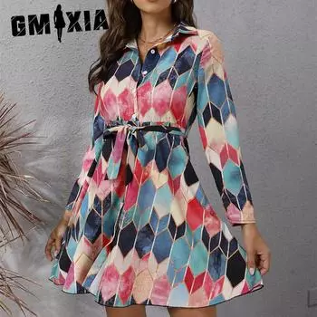 GMXIA Женская мода осень-зима с длинным рукавом и воротником-поло повседневные платья S