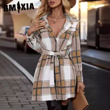 GMXIA Женская мода осень-зима с длинным рукавом, клетчатым принтом, воротником-поло, высокой талией, повседневные платья S