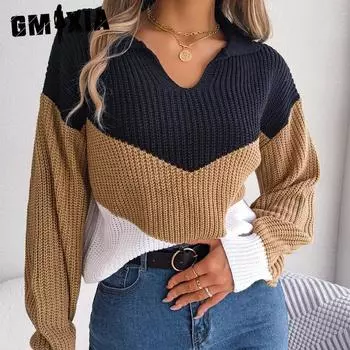 GMXIA женская мода осень зима с длинными рукавами и лацканами, свободный вязаный пуловер с длинными рукавами, свитер с лацканами, контрастный цвет S хаки