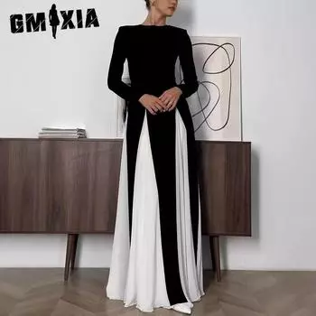 GMXIA Женская мода осень-зима с контрастным принтом, длинным рукавом, круглым вырезом, высокой талией, повседневные платья S
