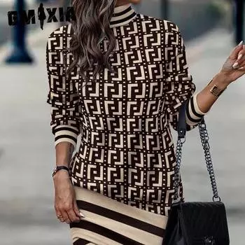 GMXIA женская мода осень-зима с принтом и длинным рукавом с v-образным вырезом, полуводолазка, повседневные платья с необычной формой S