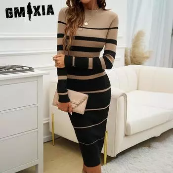 GMXIA Женская мода осень-зима с принтом, длинным рукавом, круглым вырезом, высокой талией, повседневные платья S белый