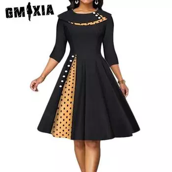GMXIA женская мода осень-зима винтажные платья в горошек с длинным рукавом и круглым вырезом тонкая повседневная юбка-качалка платья S чёрный