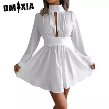 GMXIA женская мода полуводолазка весна-осень с высокой талией и длинными рукавами однотонные коктейльные и вечерние платья S чёрный