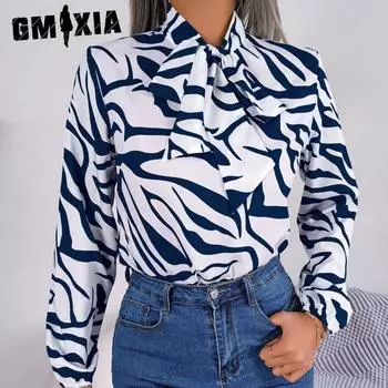GMXIA Женская мода Повседневная летняя блузка с длинным рукавом с v-образным вырезом и темпераментная полосатая шифоновая рубашка контрастного цвета с рубашками с рукавами-фонариками S тёмно-синий