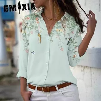 GMXIA Женская мода повседневная летняя блузка с цветочным принтом и воротником-поло с коротким рукавом и рубашками S розовый