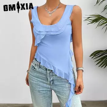 GMXIA Женская мода повседневная летняя однотонная безрукавка с принтом на подтяжках блузки и рубашки S белый