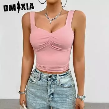 GMXIA Женская мода повседневная летняя однотонная безрукавка с принтом на подтяжках блузки и рубашки S белый