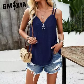 GMXIA Женская мода повседневная летняя однотонная безрукавка с принтом на подтяжках блузки и рубашки S темно-розовый